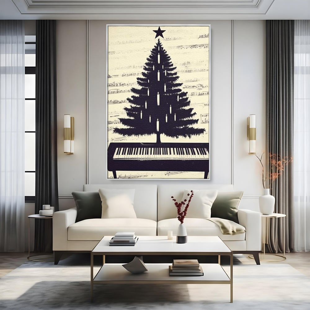 Tablou canvas cu tablou canvas cu brad din clape de pian, in rama de aluminiu argintiu, pe perete intr-un living